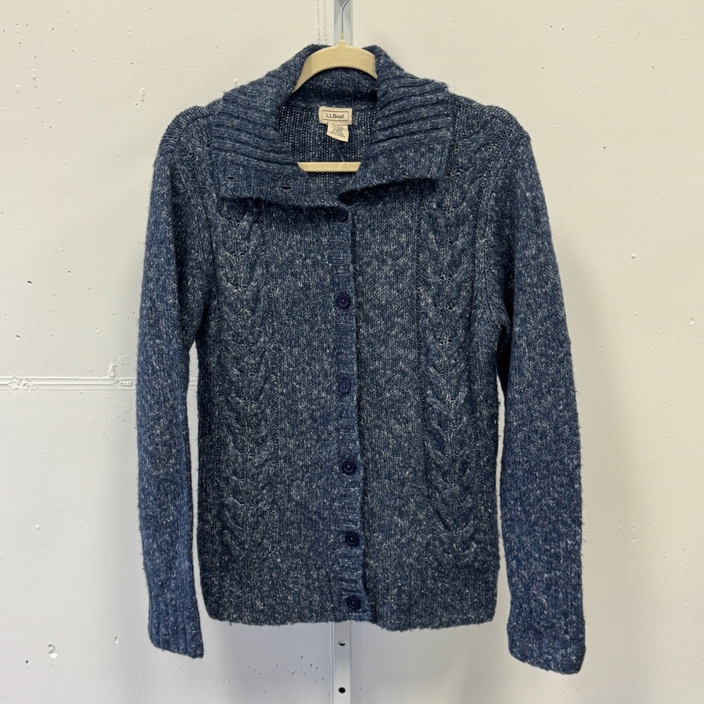 L.L. Bean Marled Cable Knit Button Front Cardigan Sweater Speckled Wool Blend M